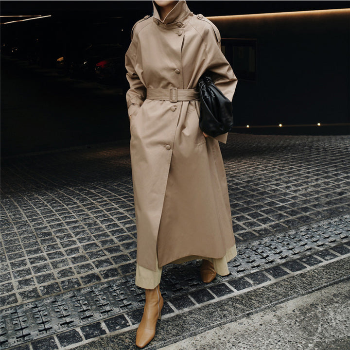 Damen Langgeschnittener Trenchcoat mit Taillengürtel und Stehkragen Drune