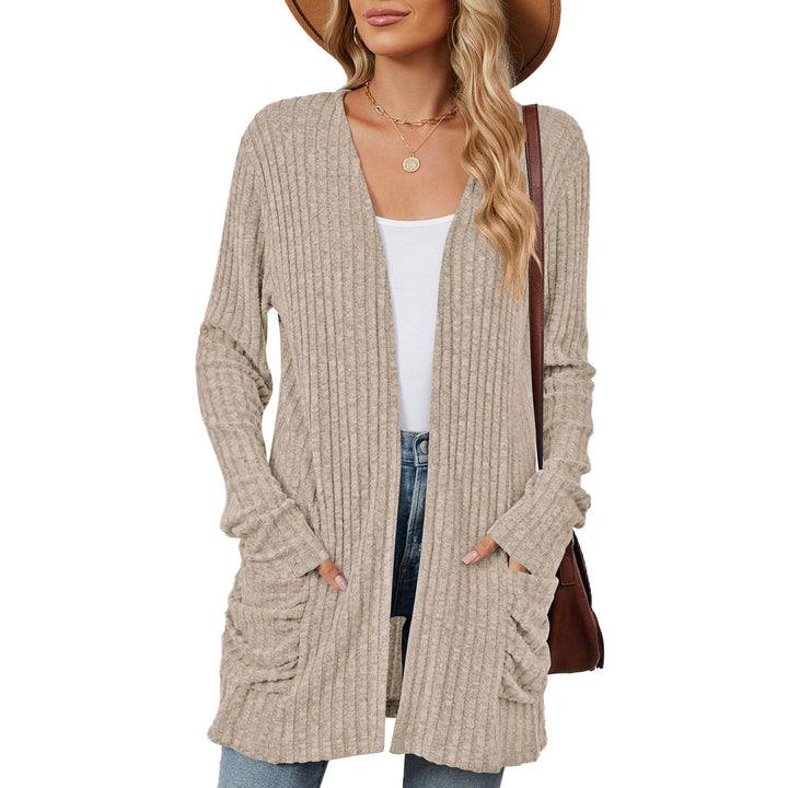 Damen lässige Strickjacke mit Rippstruktur und praktischen Taschen Drune
