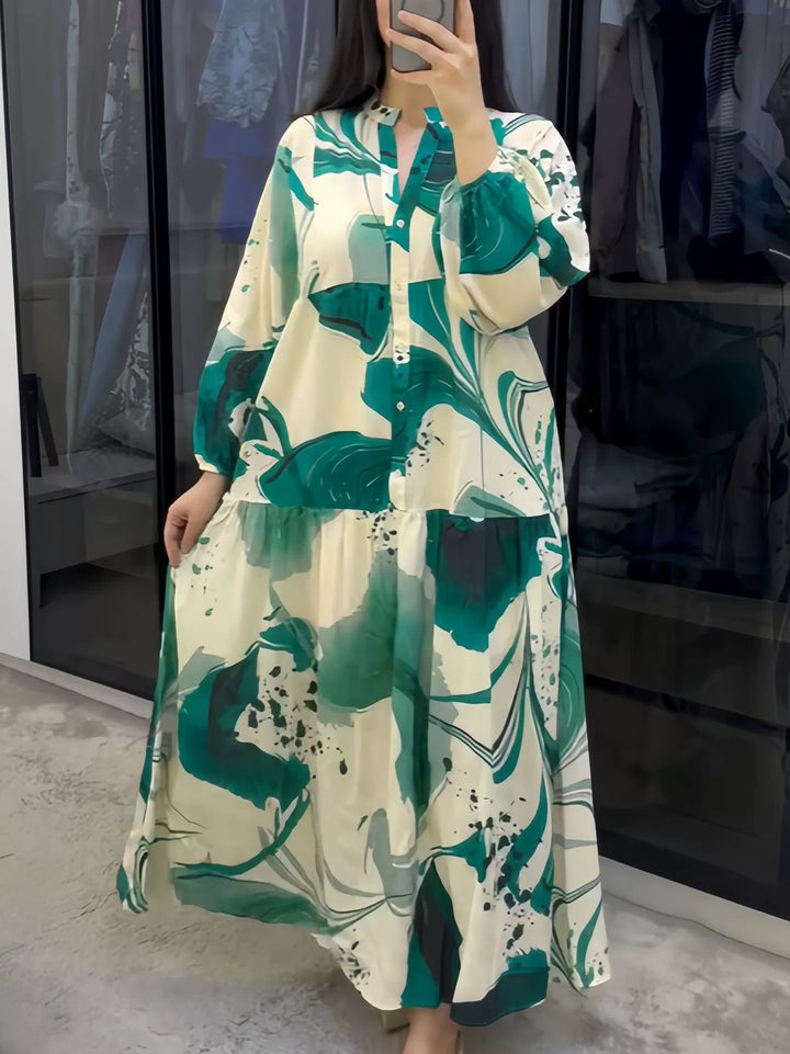 Damen Fließendes Stufenkleid mit Stehkragen, Ballonärmeln und Knopfleiste Drune