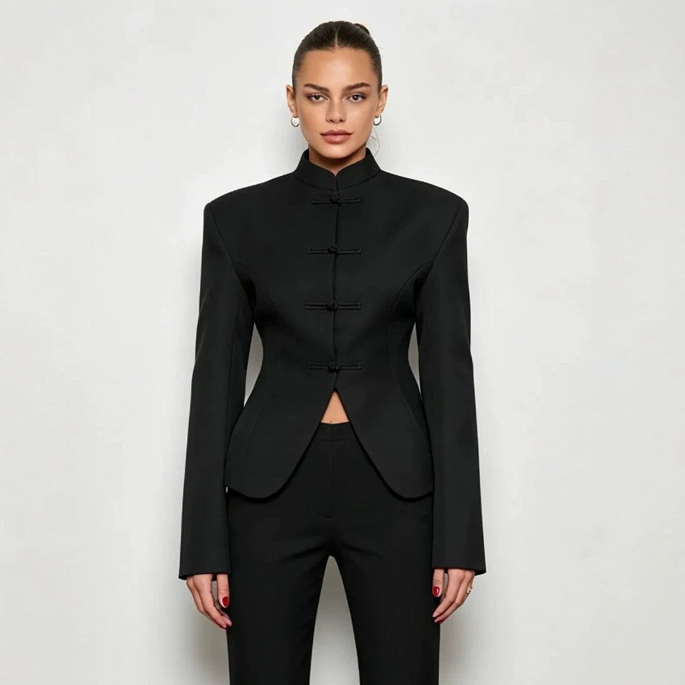 Damen Sculpted‑Blazer mit Stehkragen, dekorativen Knotenverschlüssen und taillierter Silhouette Drune