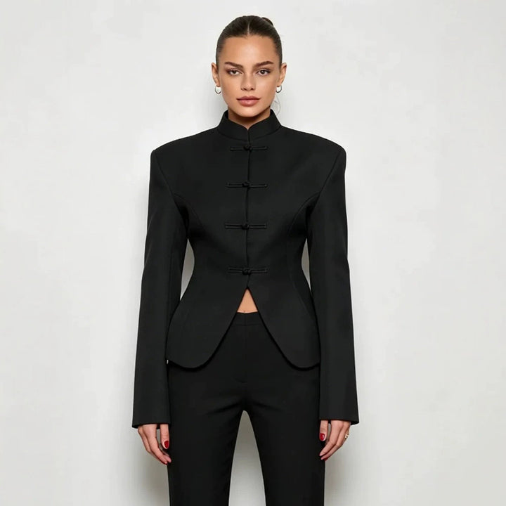 Damen Sculpted‑Blazer mit Stehkragen, dekorativen Knotenverschlüssen und taillierter Silhouette Drune