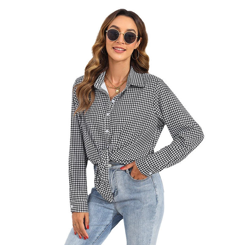 Damen nan geknotete Hahnentritt-Bluse mit Hemdkragen und durchgehender Knopfleiste Drune