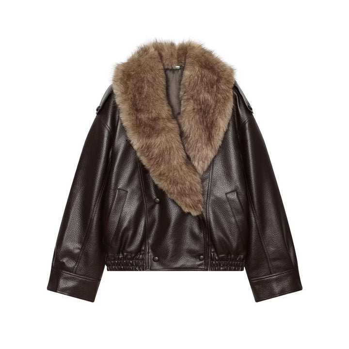 Damen Kurz geschnittene Biker-Lederjacke mit voluminösem Kunstpelz-Schalkragen Drune