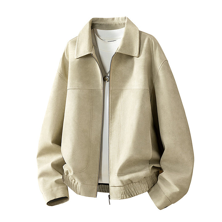Herren Oversize Utility-Bomberjacke aus Kunstleder mit geripptem Saum und Hemdkragen Drune