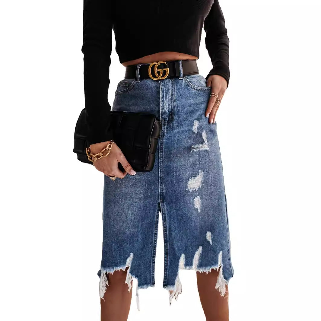 Damen nan taillierter Destroyed-Denim-Midirock mit Fransenbesatz, Frontschlitz und Gürtelschlaufen Drune