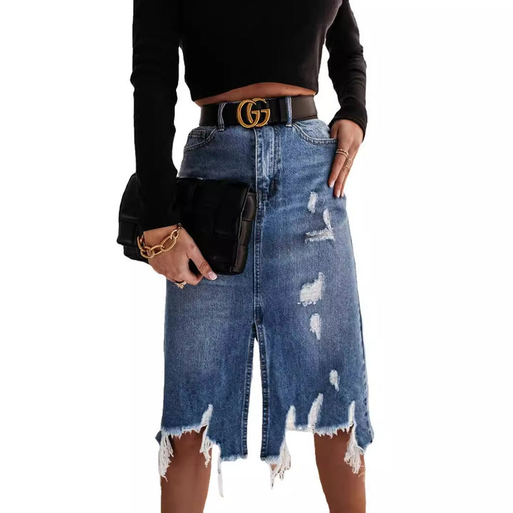 Damen nan taillierter Destroyed-Denim-Midirock mit Fransenbesatz, Frontschlitz und Gürtelschlaufen Drune