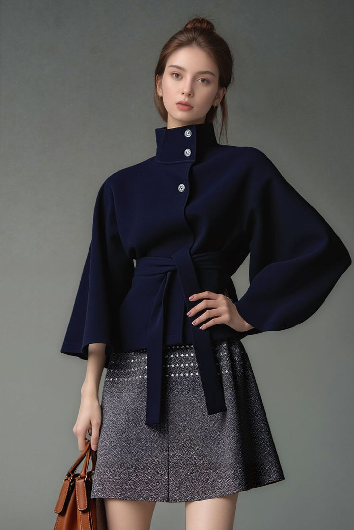 Damen moderne Cape-Jacke mit abnehmbarem Gürtel und hohem Kragen Drune