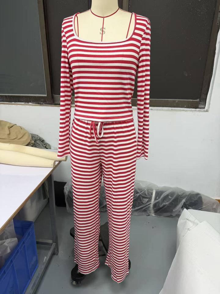 Damen Gestreifter Lounge-Zweiteiler mit weitem Bein und Cropped Langarmtop Drune