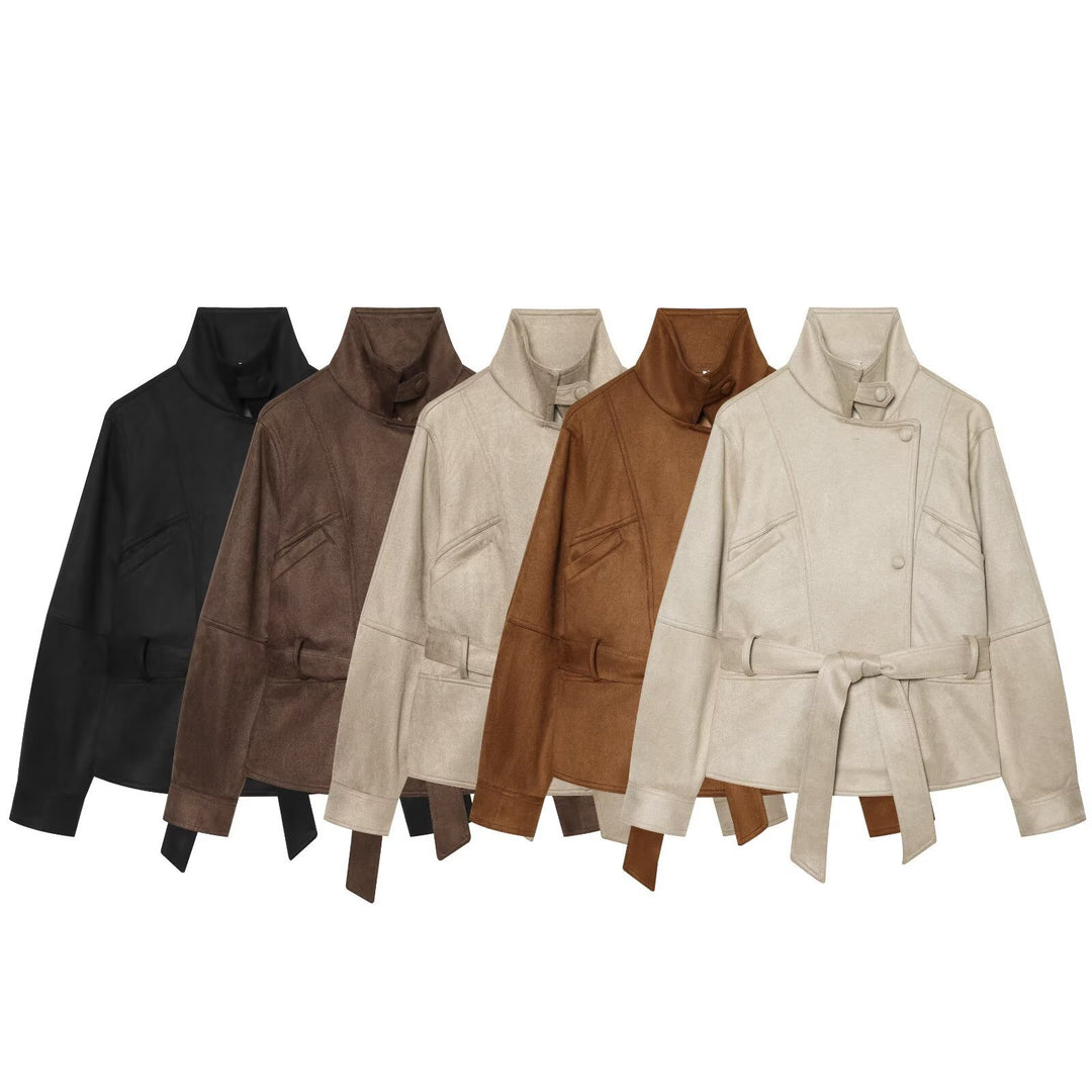 Damen Taillierte Kurzjacke aus weichem Veloursimitat mit asymmetrischer Knopfleiste und Bindegürtel Drune