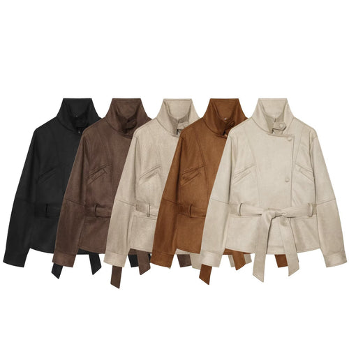 Damen Taillierte Kurzjacke aus weichem Veloursimitat mit asymmetrischer Knopfleiste und Bindegürtel Drune