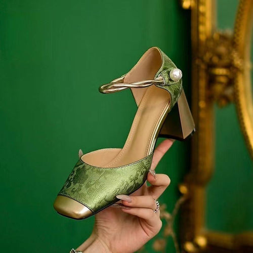 Damen nan elegante Slingback-Pumps mit quadratischer Zehenform, Jacquard-Obermaterial und gedrehtem Schmuckriemen Drune