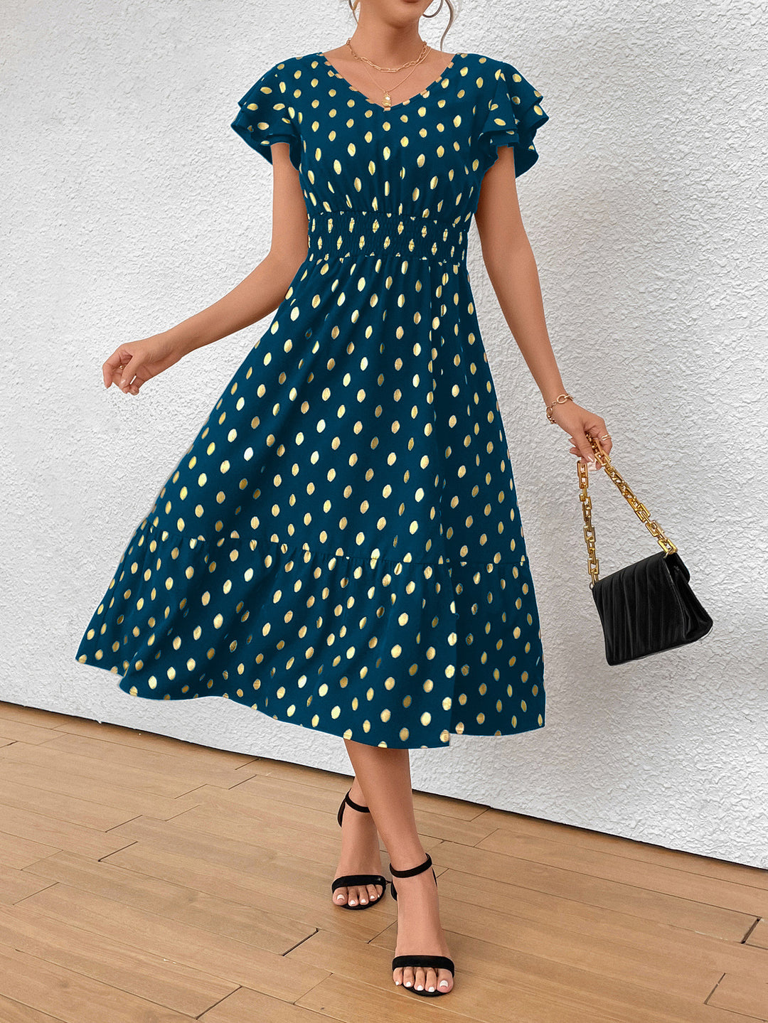Damen Maxikleid mit Rüschendetails und schimmerndem Punktmuster Drune