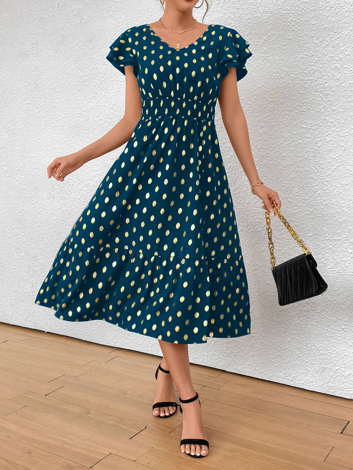 Damen Maxikleid mit Rüschendetails und schimmerndem Punktmuster Drune