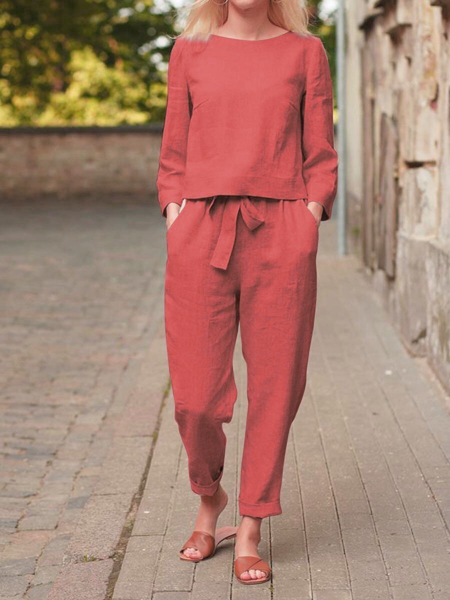 Damen Leinenanzug mit kurzem Oberteil und elastischem Bund Drune