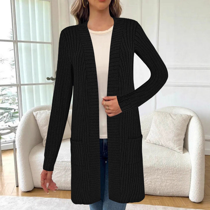Damen Langer Feinstrick-Cardigan mit Rippenstruktur, offenen Kanten und Eingrifftaschen Drune