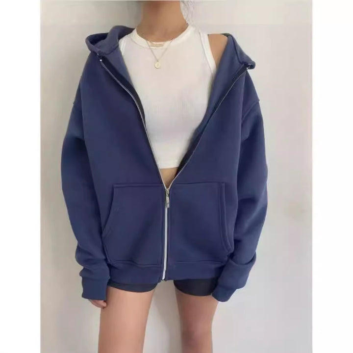 Damen nan minimalistisches French-Terry Zip-Hoodie mit durchgehendem Reißverschluss, Kängurutasche und Daumenloch-Ärmeln Drune
