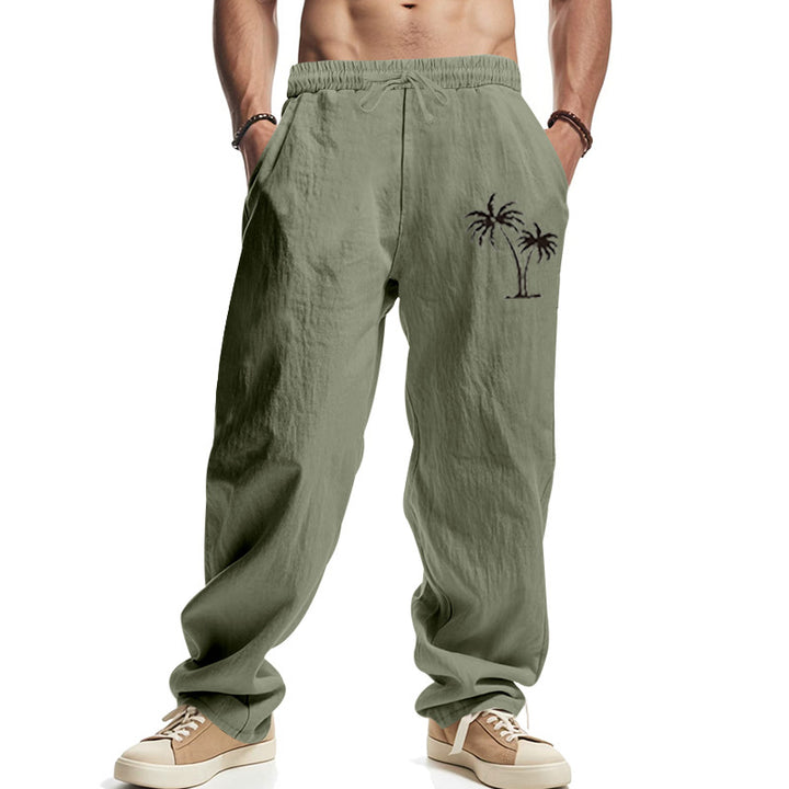 Herren Leichte Leinenoptik-Freizeithose mit elastischem Bund, Kordelzug & Palmen‑Stickerei Drune