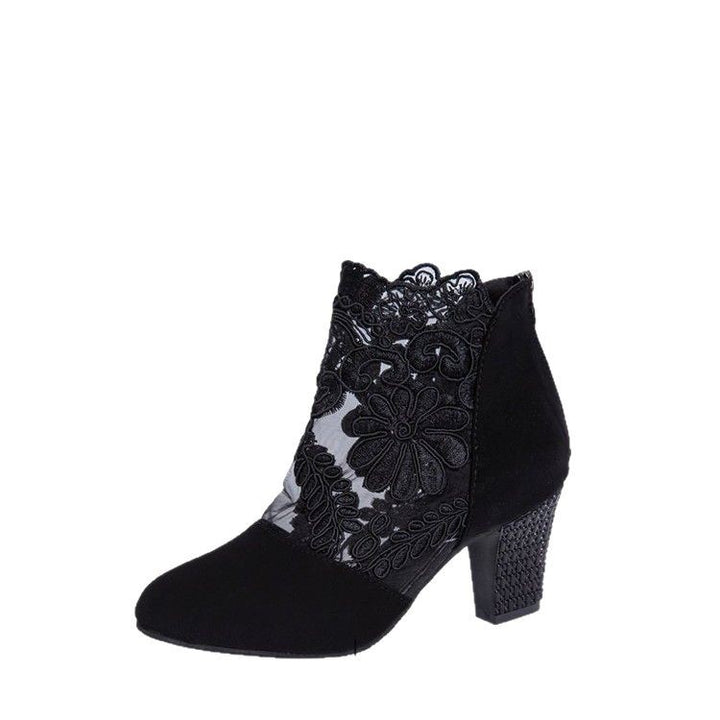 Damen Stiefelette mit transparentem Blumen-Spitzeinsatz und dekorativem Blockabsatz Drune