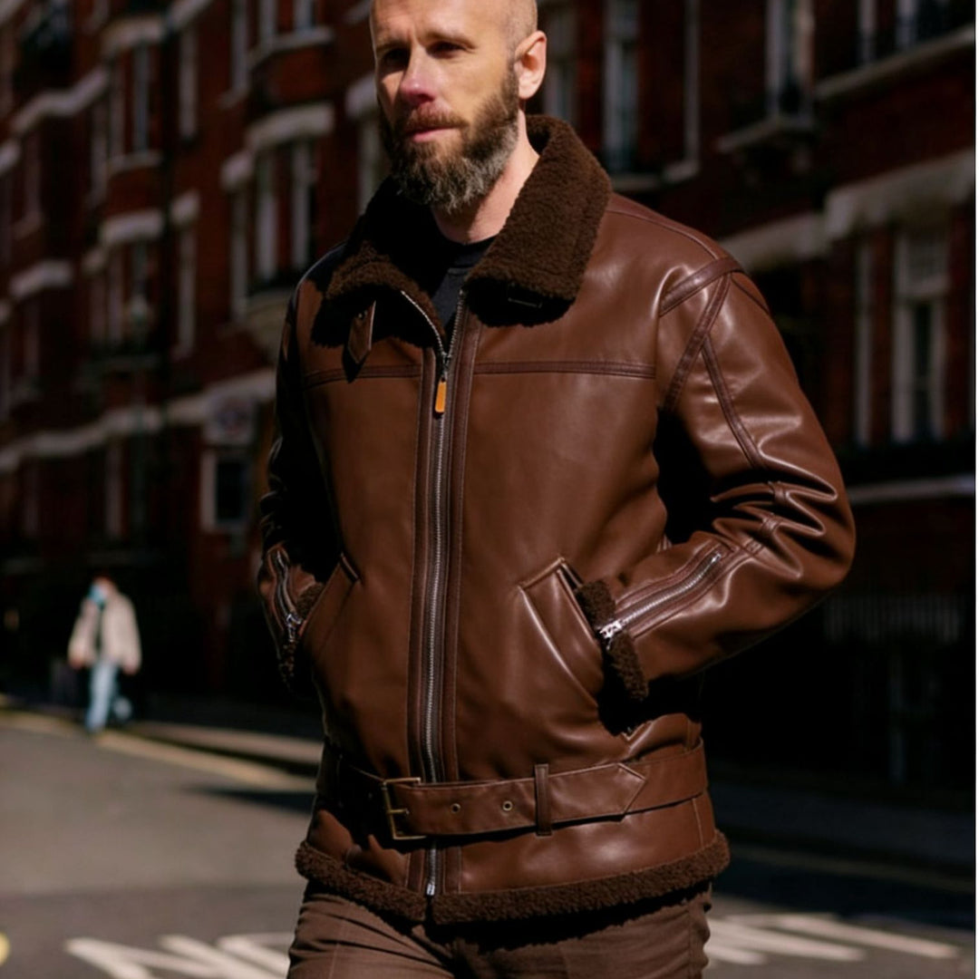 Herren Kunstleder-Fliegerjacke mit Teddyfutter, Reißverschlüssen und Stehkragen Drune