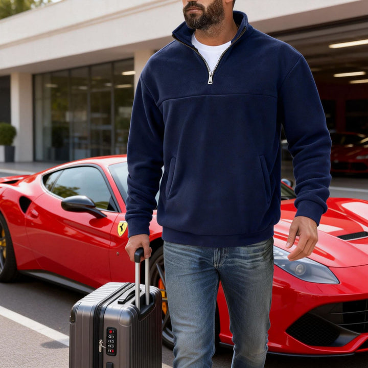Herren warmer Fleece-Halbzip-Pullover mit Stehkragen, Kängurutasche und Relaxed Fit Drune