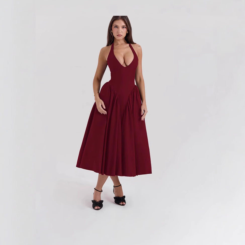 Damen nan figurschmeichelndes Neckholder-Bustier-Midikleid mit taillierter Miederform und weitem Tellerrock Drune