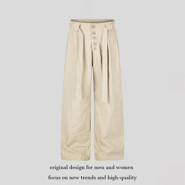 Damen Hochgeschnittene Leinen-Weitebein-Hose mit Knopfleiste, Bindegürtel und Bundfalten Drune