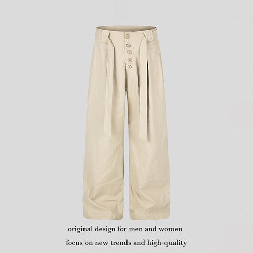 Damen Hochgeschnittene Leinen-Weitebein-Hose mit Knopfleiste, Bindegürtel und Bundfalten Drune