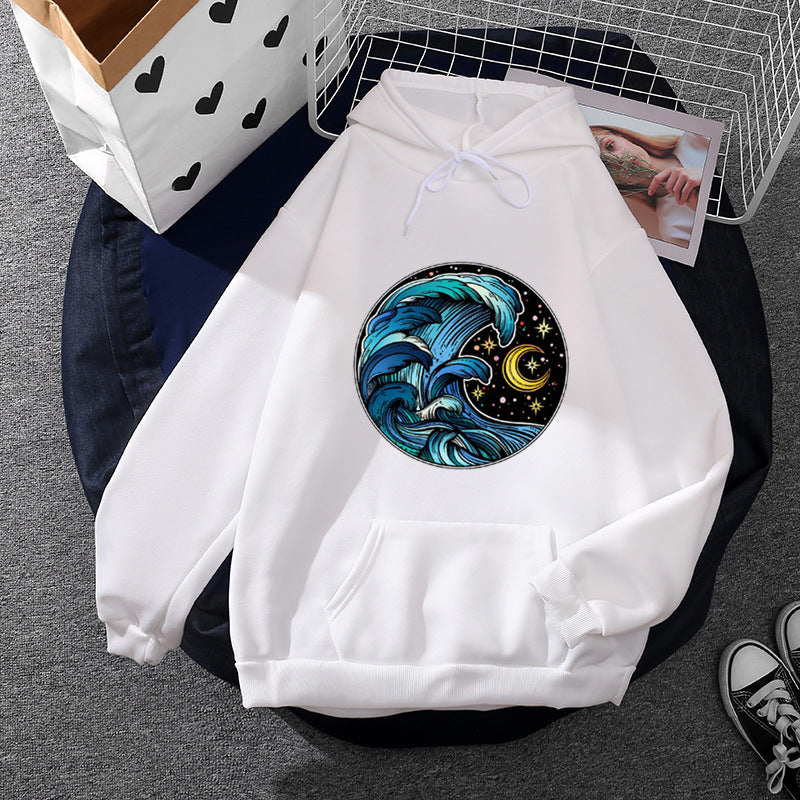 Damen nan lässiger Kapuzenpullover mit künstlerischem Mond‑und‑Pilzmotiv, weichem Fleecefutter und Kängurutasche Drune