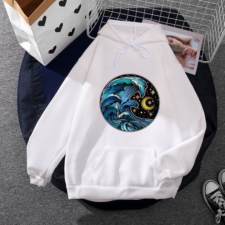 Damen nan lässiger Kapuzenpullover mit künstlerischem Mond‑und‑Pilzmotiv, weichem Fleecefutter und Kängurutasche Drune