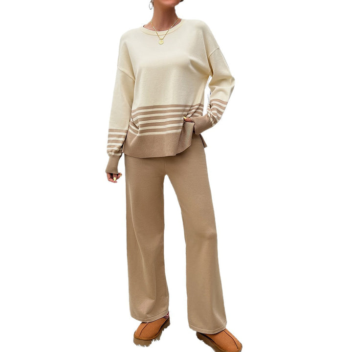 Damen nan lässiges Strick-Lounge-Set mit gestreiftem Rundhals-Pullover, Raglanärmeln und weiten taillenhohen Hosen Drune