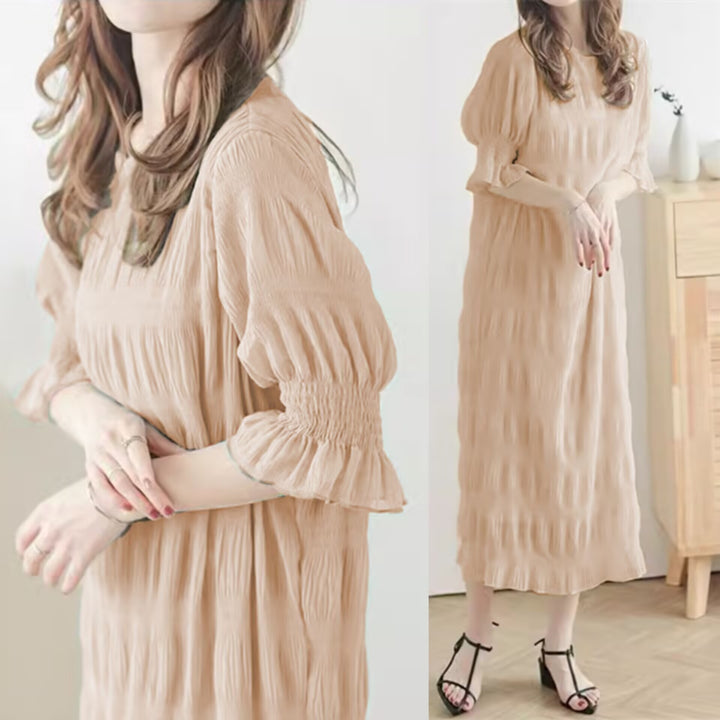 Damen Freizeitliches Maxikleid mit elastischen Puffärmeln und raffiniertem Strukturdesign Drune