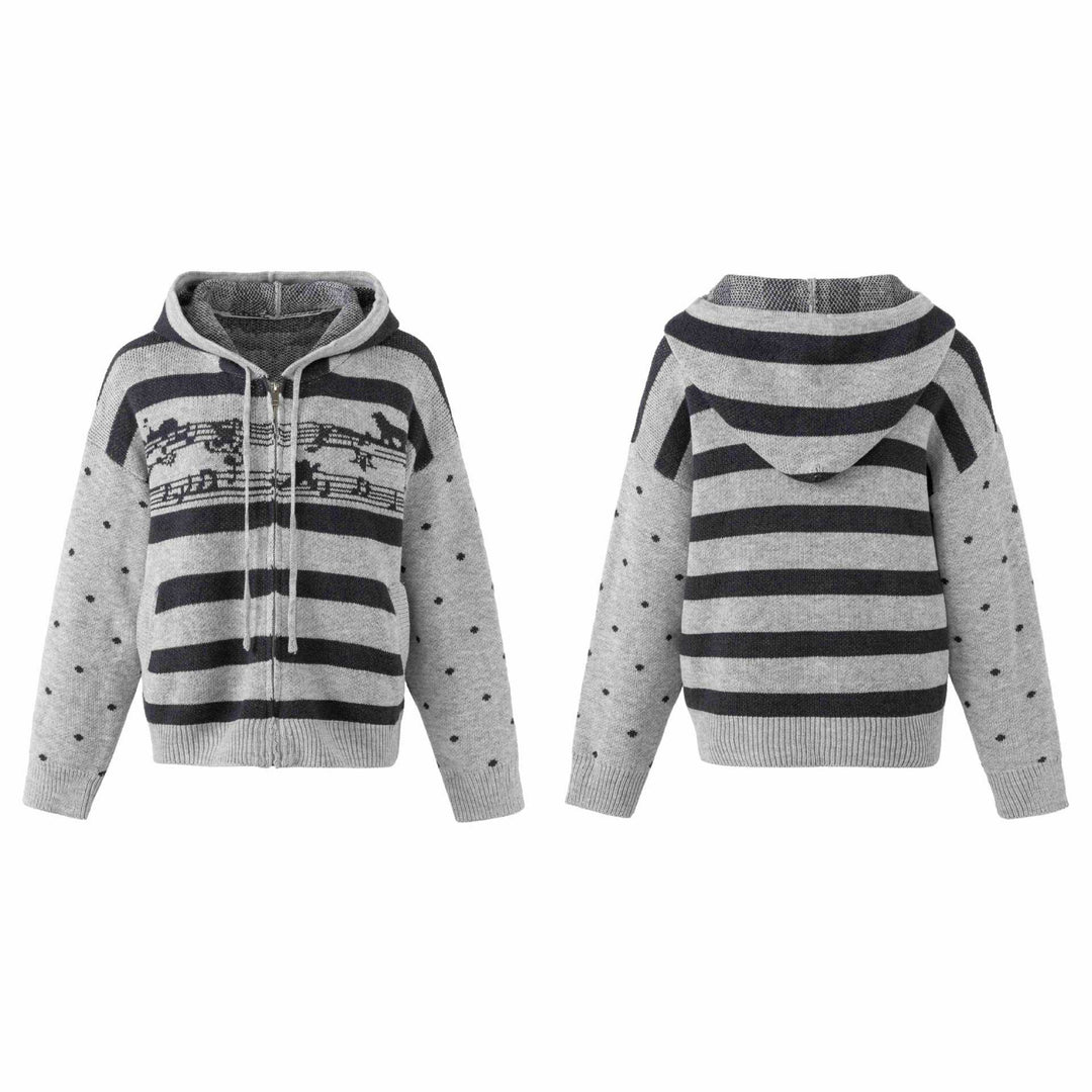 Damen Grobstrick Kapuzen‑Zipjacke mit musikalischem Jacquardmuster Drune