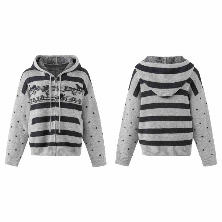 Damen Grobstrick Kapuzen‑Zipjacke mit musikalischem Jacquardmuster Drune