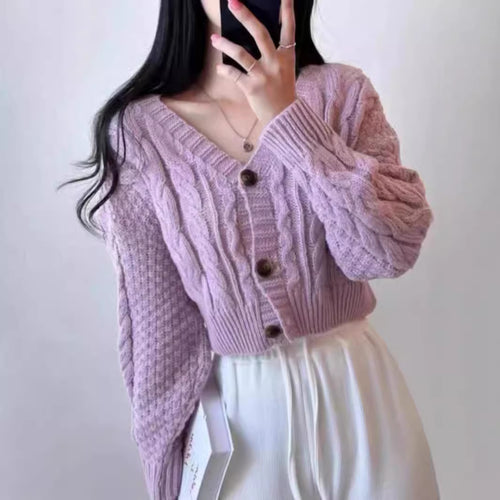 Damen cropped Strickjacke mit Zopfmuster und klassischen Knöpfen Drune
