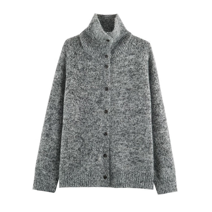 Damen Grobstrick‑Cardigan im Oversize‑Look mit hohem Rippkragen und Knopfleiste Drune