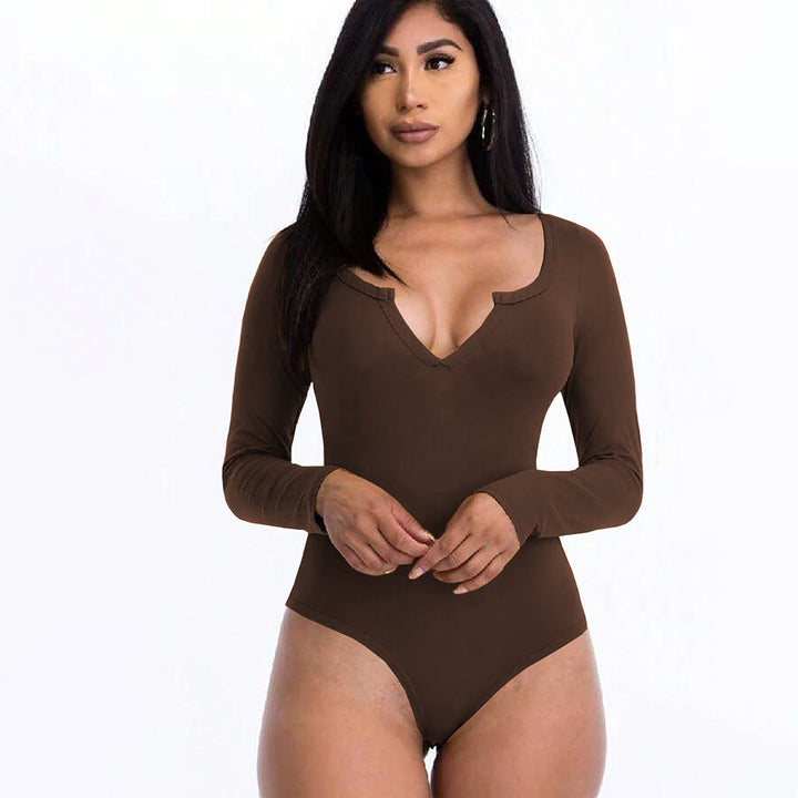 Damen figurbetontes V-Ausschnitt-Stringbody mit langen Ärmeln Drune