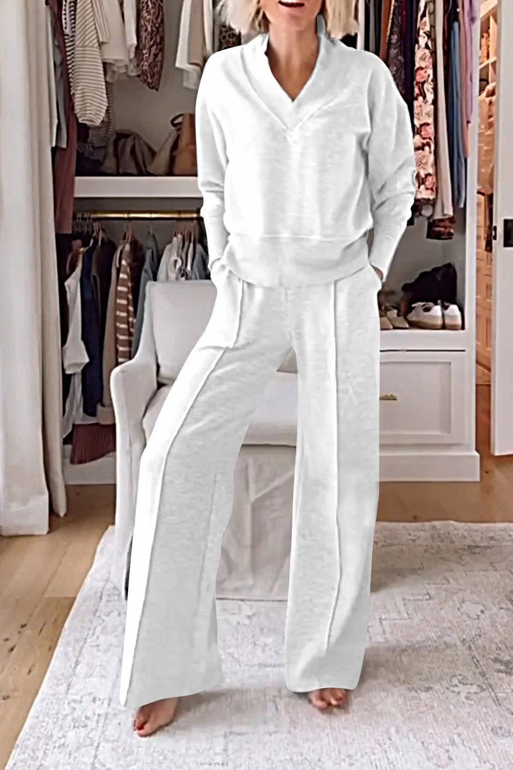 Damen Komfortabler Loungewear-Set mit V-Ausschnitt und weitem Schnitt Drune