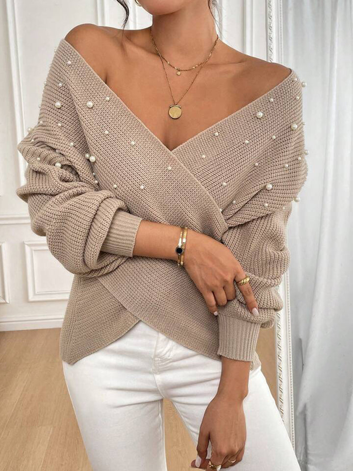 Damen offener Strickpullover mit Perlendetails Drune