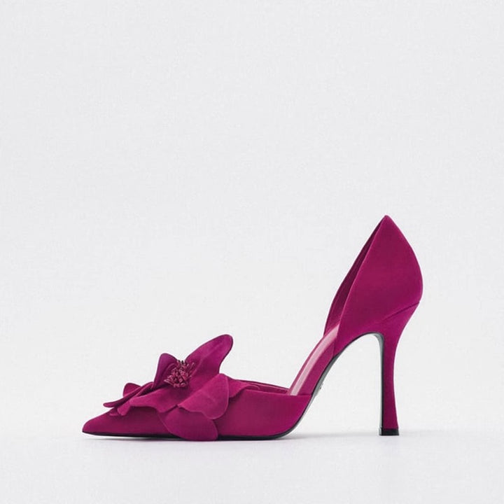 Damen Spitz zulaufende Abend‑D'Orsay‑Pumps mit handgefertigter 3D‑Blütenapplikation und sculpted Stiletto Drune