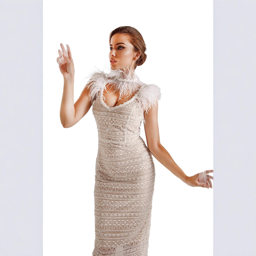 Damen Elegantes Midikleid mit Pailletten-Besatz und federverzierten Schulterpartien Drune