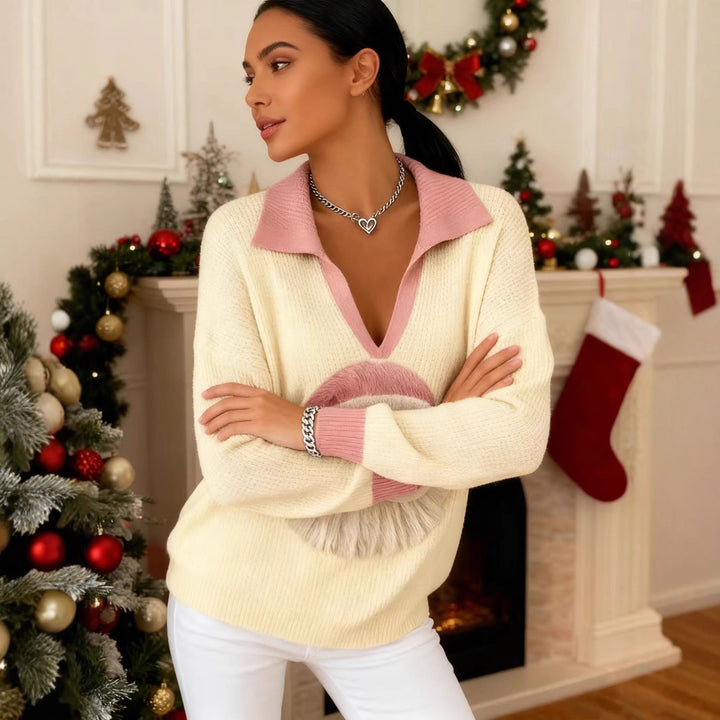 Damen Weicher Strickpullover mit V-Kragen, Polokragen und 3D-Weihnachtsmotiv Drune