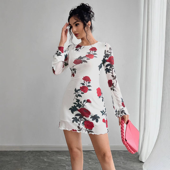 Damen nan figurbetontes Minikleid mit Rosenmuster und Trompetenärmeln Drune