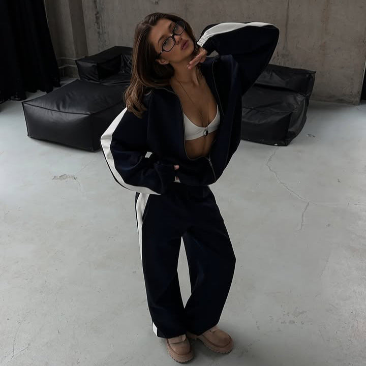 Damen gekürztes Zip-Hoodie mit elastischem Saum und hochgeschnittener High-Waist-Lounge-Jogginghose aus softem French-Terry Drune