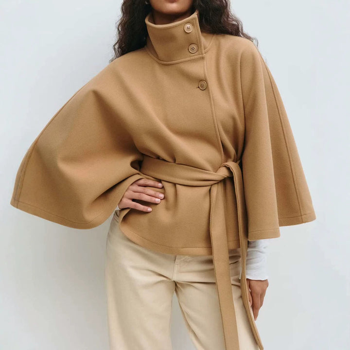 Damen Kurzcape-Mantel mit Stehkragen, Oversize-Ärmeln und Bindegürtel Drune