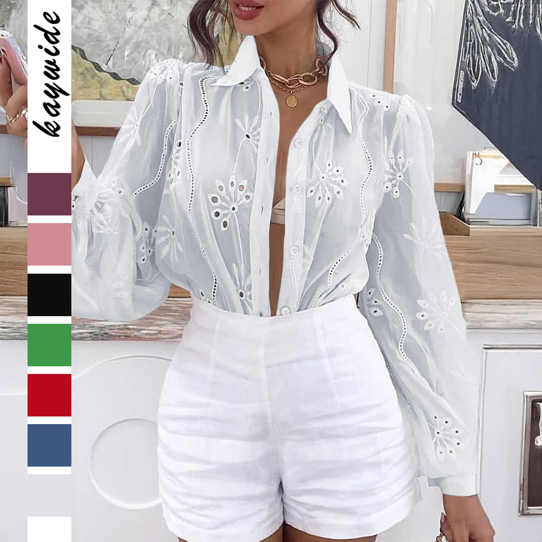 Damen Transparente Bluse mit Stickereien und Rüschendetails Drune