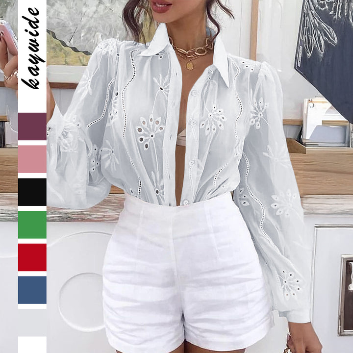 Damen Transparente Bluse mit Stickereien und Rüschendetails Drune