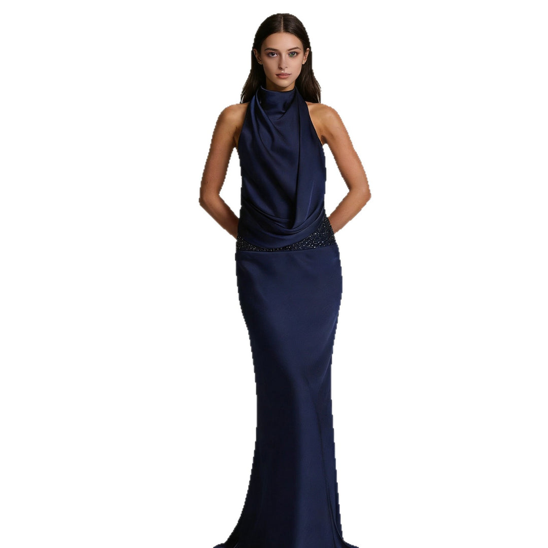 Damen Elegantes und fließendes Abendkleid mit hohem Kragen Drune