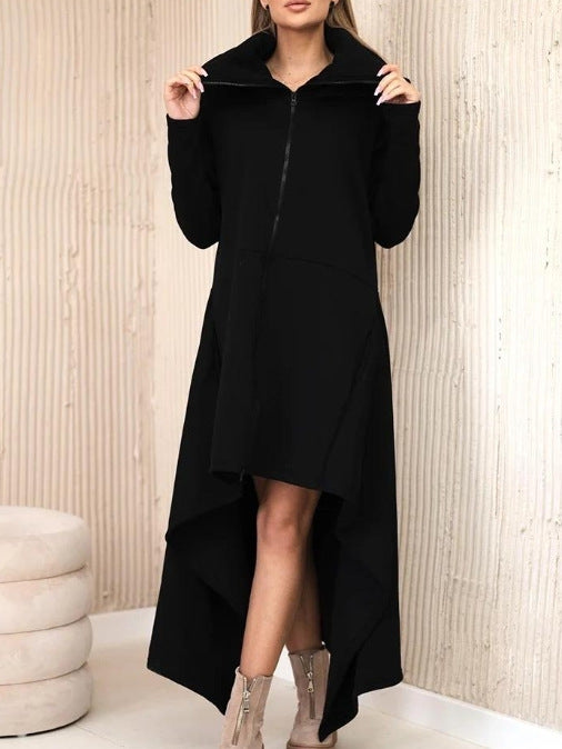 Damen nan asymmetrisches Sweatkleid mit hohem Stehkragen, durchgehendem Reißverschluss und verlängertem Rückensaum Drune
