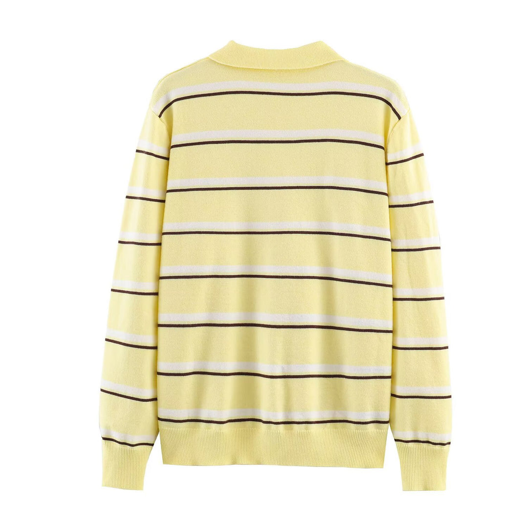 Damen nan gestreifter Feinstrick-Polopullover mit Knopfleiste, Rippbündchen und leichter Wollmischung Drune