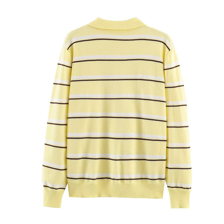 Damen nan gestreifter Feinstrick-Polopullover mit Knopfleiste, Rippbündchen und leichter Wollmischung Drune